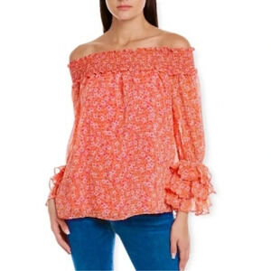 Cece Off the shoulder floral print ruffle sleeve orange top L